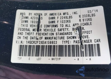 2014 Honda Accord Lx from USA, damaged, VIN 1HGCR2F3XEA158803